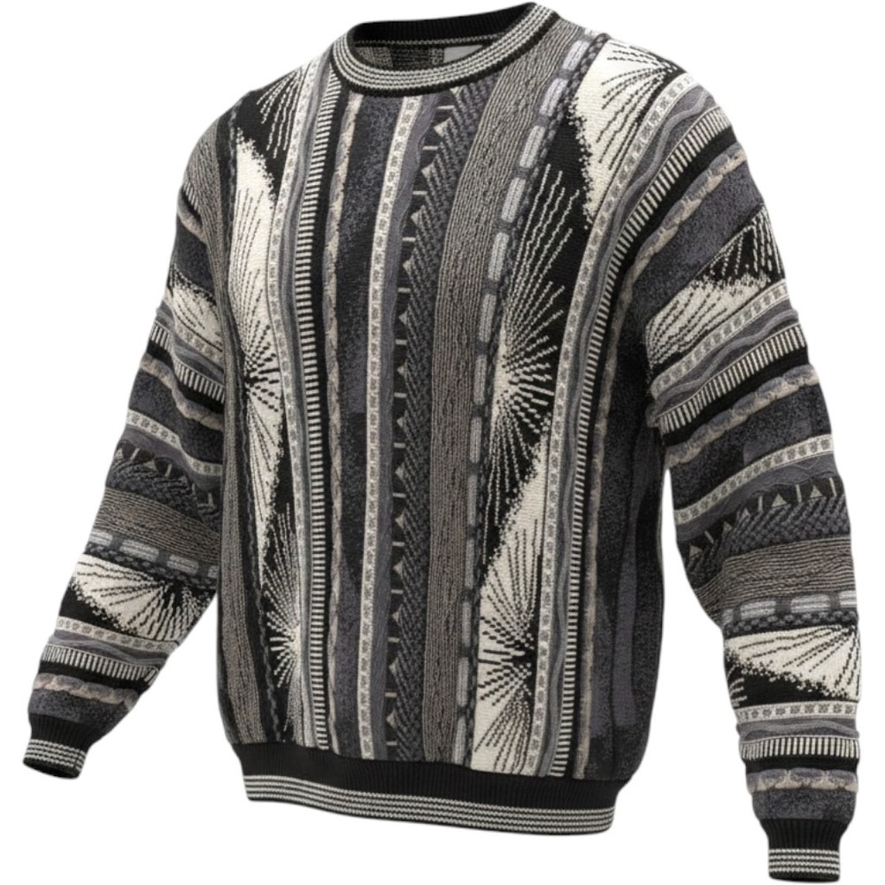 Cotton Traders XL 3D Knit Sweater VTG Heavy Coogi Style Black Gray Geometric